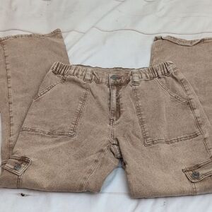 AnnieWear Lyocell Stretch High Rise Cargo Jeans in Toffee Tan Brown size Large